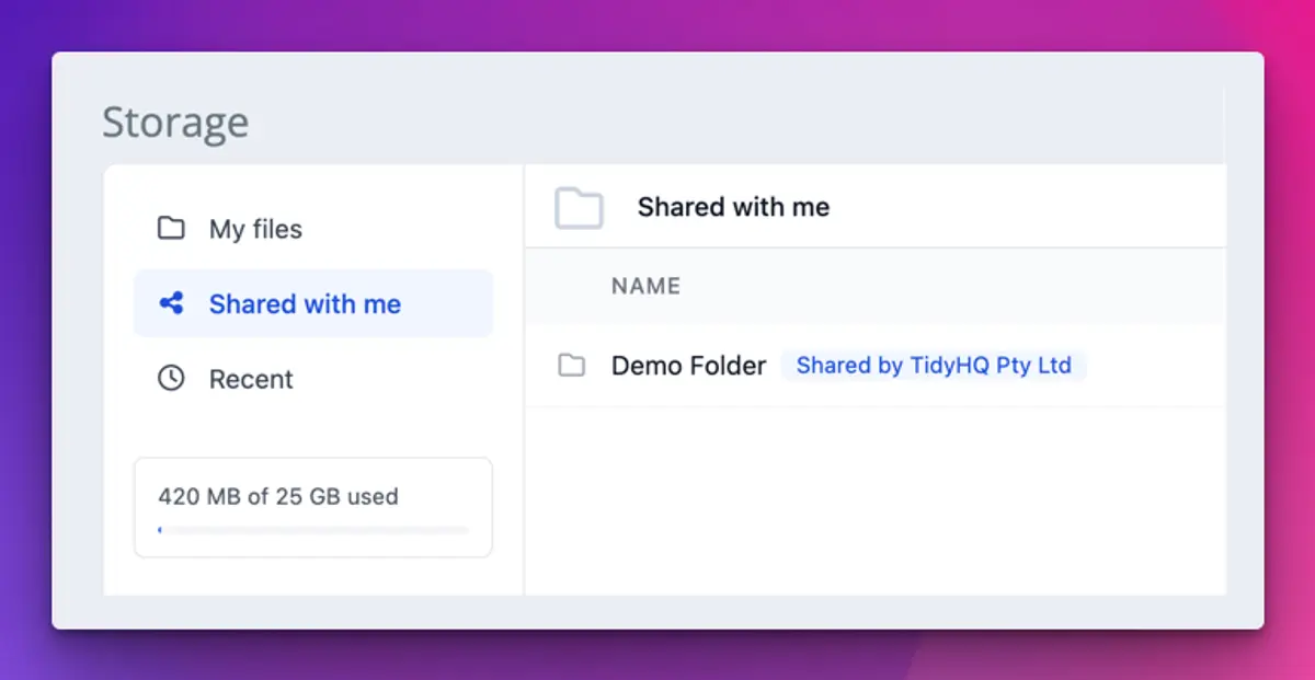 The Storage app showing its shared folders view, with a folder labelled "Shared by" the organisation that shared it