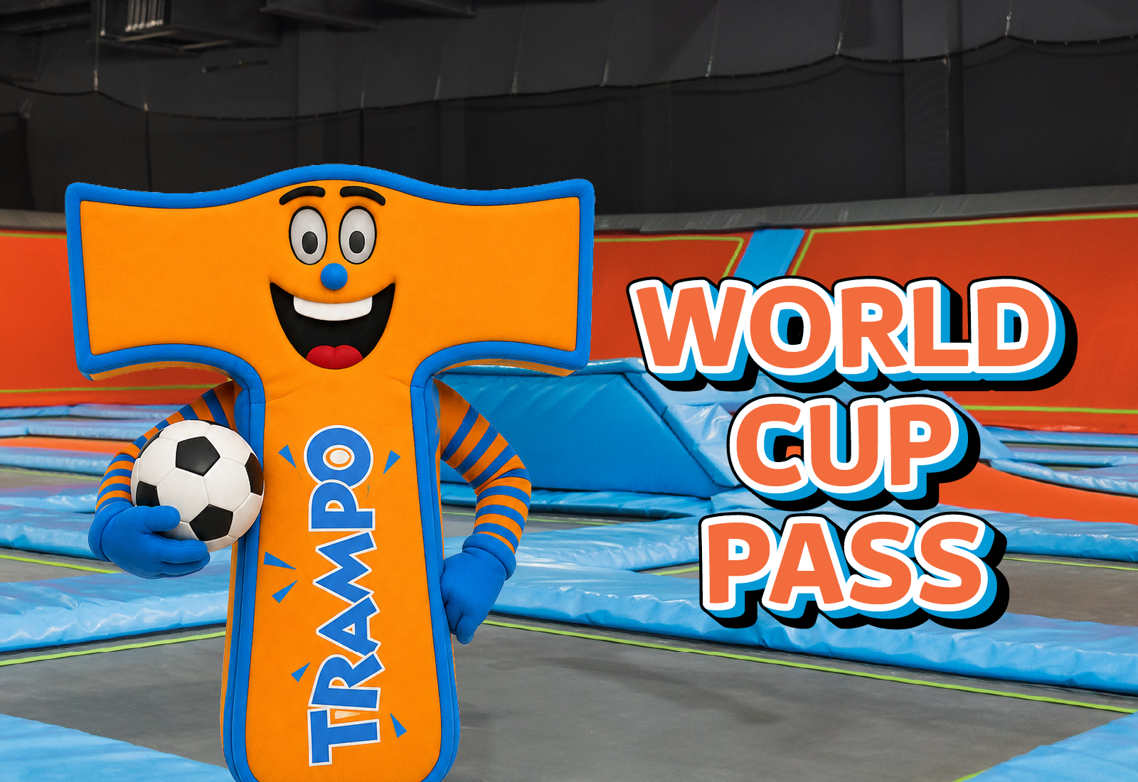 Trampo mascot holding a football for the World Cup Pass