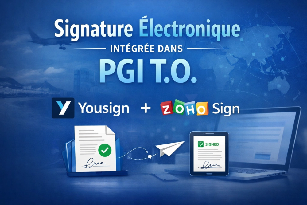 Illustration de la signature électronique intégrée dans PGI T.O. avec les logos Yousign et Zoho Sign permettant la signature digitale des contrats de vente.
