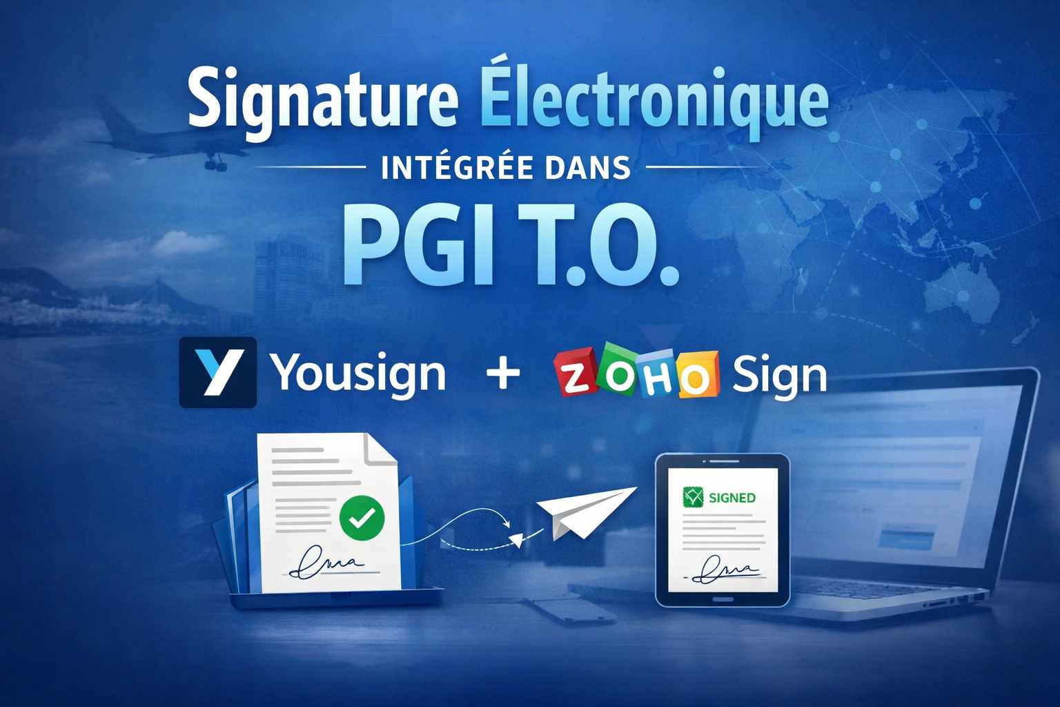 Illustration de la signature électronique intégrée dans PGI T.O. avec les logos Yousign et Zoho Sign permettant la signature digitale des contrats de vente.