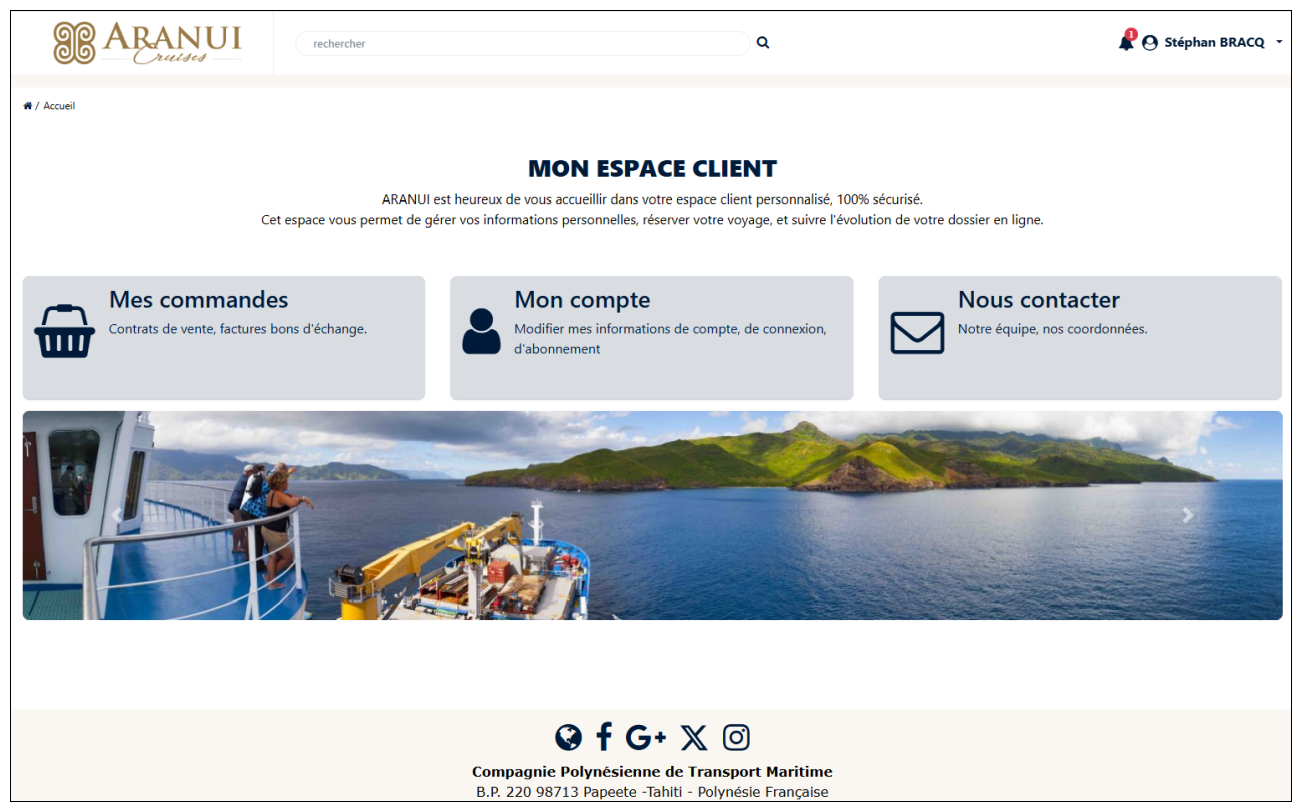 Page d'accueil My PGI pour notre client ARANUI