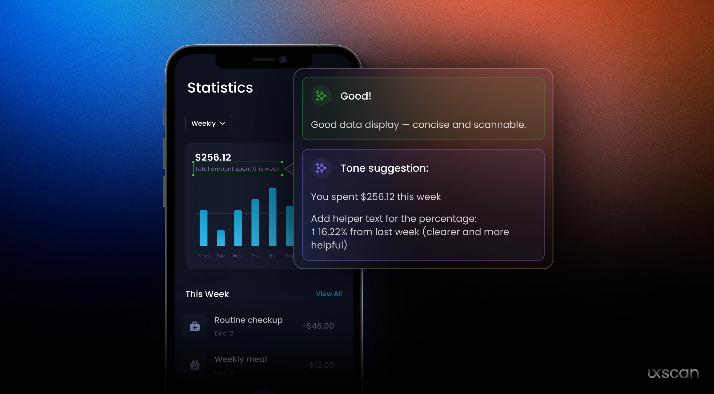 An interface showing how UX Scan evaluates tone and clarity in UI copy.