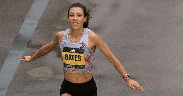Emma Bates finishing at the 2023 Boston Marathon.