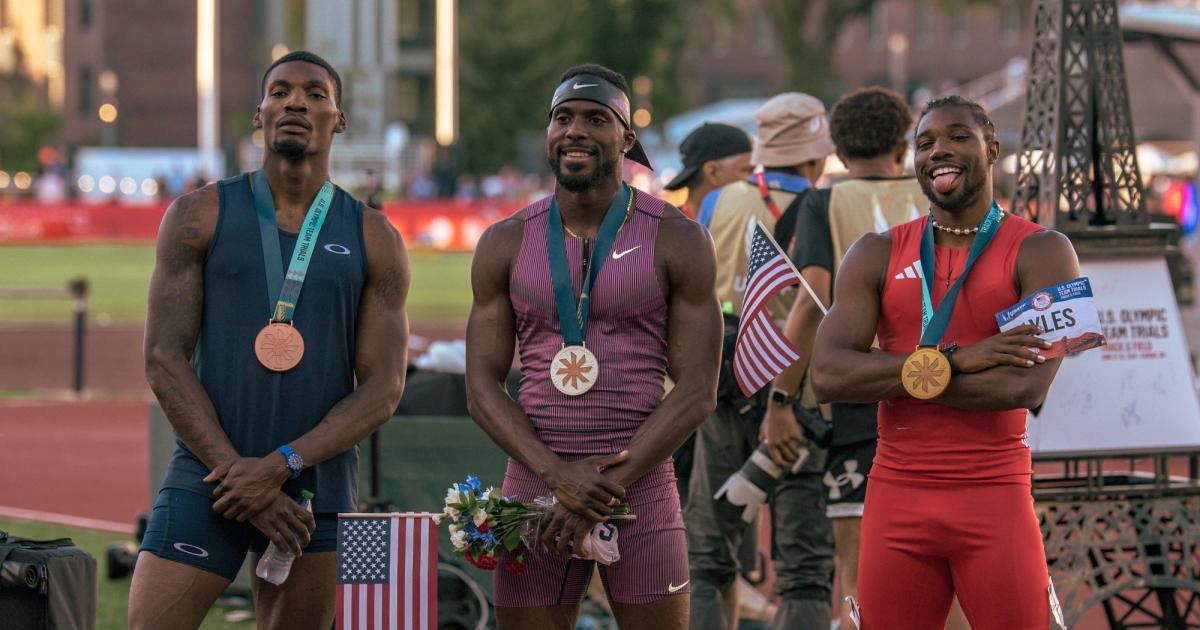 The Men's 100m dash podium at the 2024 U.S. Olympic Trials.