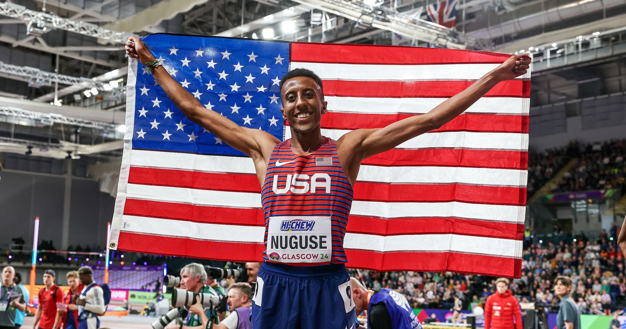 There was a lot of U.S. flag-raising in Glasgow this weekend. Yared Nuguse poses after his silver medal in the 1500m. (Kevin Morris/@KevMoFoto)