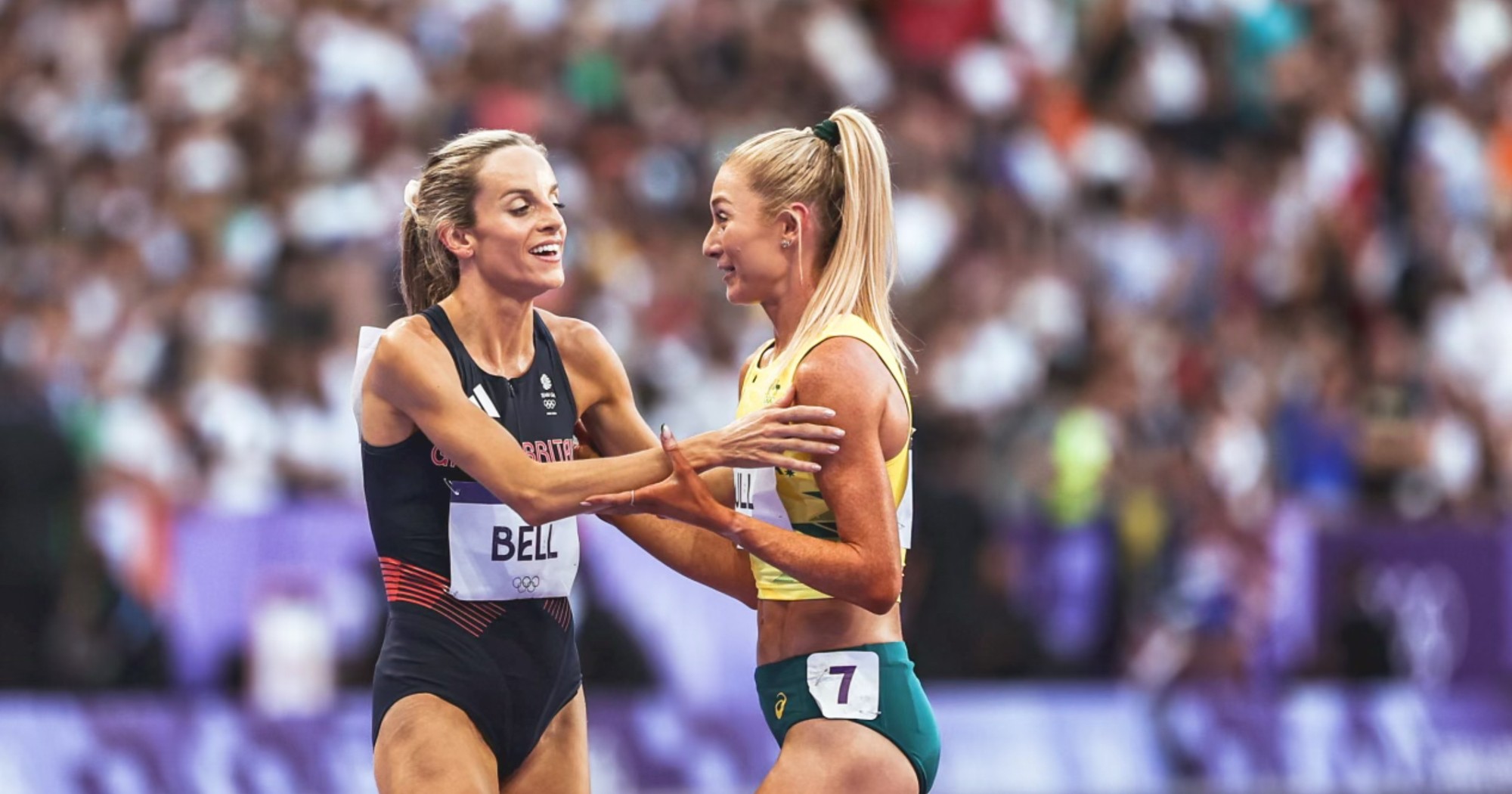 Georgia Bell and Jess Hull celebrate after the 2024 Paris Olympics 1500m final.