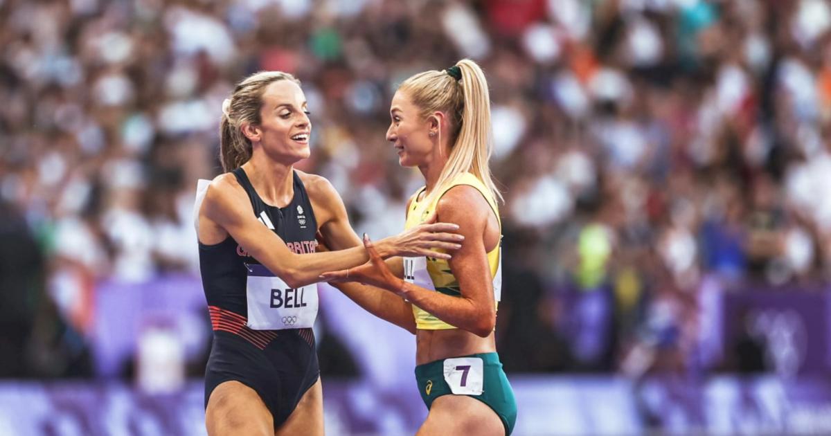 Georgia Bell and Jess Hull celebrate after the 2024 Paris Olympics 1500m final.