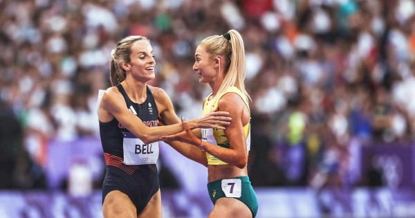 Georgia Bell and Jess Hull celebrate after the 2024 Paris Olympics 1500m final.