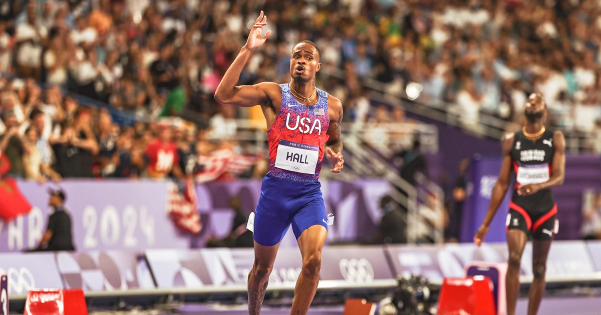 Quincy Hall after winning the men's 400m gold at the Paris 2024 Olympics.