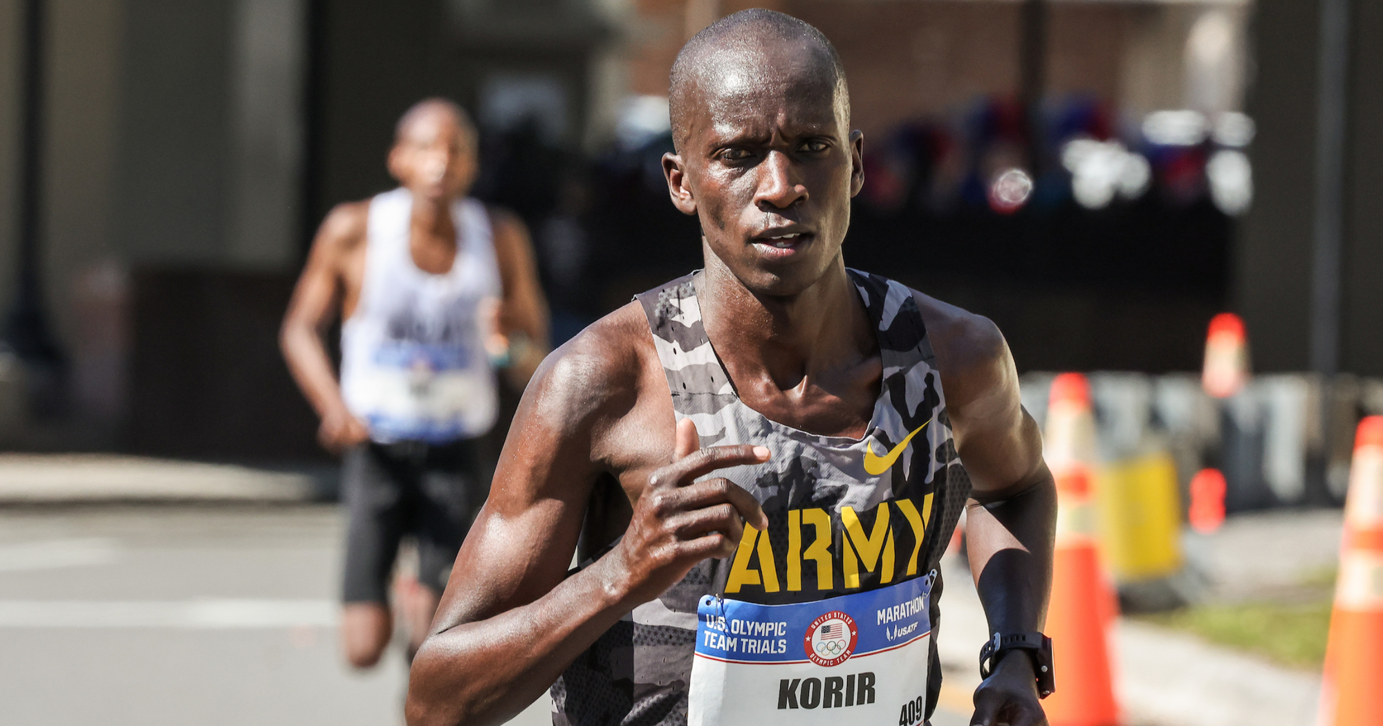 Leonard Korir on his way to his third place finish at the U.S. Olympic Marathon Trials and a whole lot of uncertainty.
