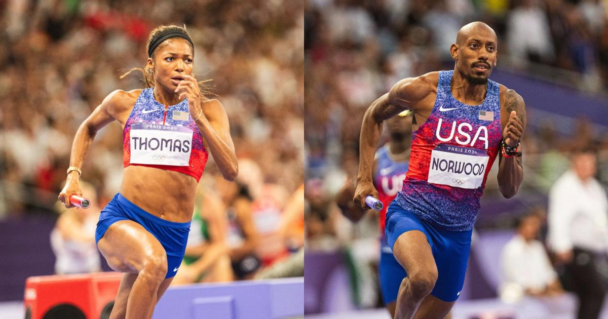 Gabby Thomas and Vernon Norwood en route to Olympic 4x400m golds for Team USA.