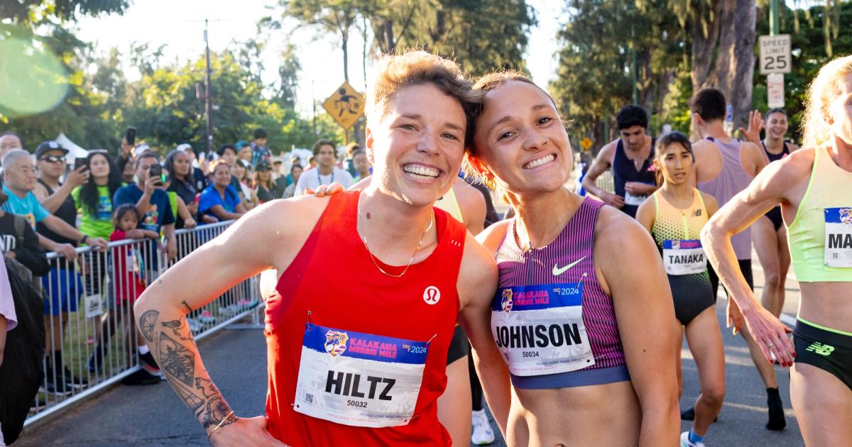 Nikki Hiltz and Sinclaire Johnson at the finish line of the 2023 Kalakaua Merrie Mile.