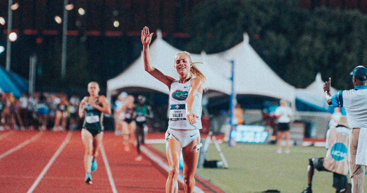 Florida's Parker Valby celebrates crossing the finish line of the NCAA Outdoor Track and Field Championships.