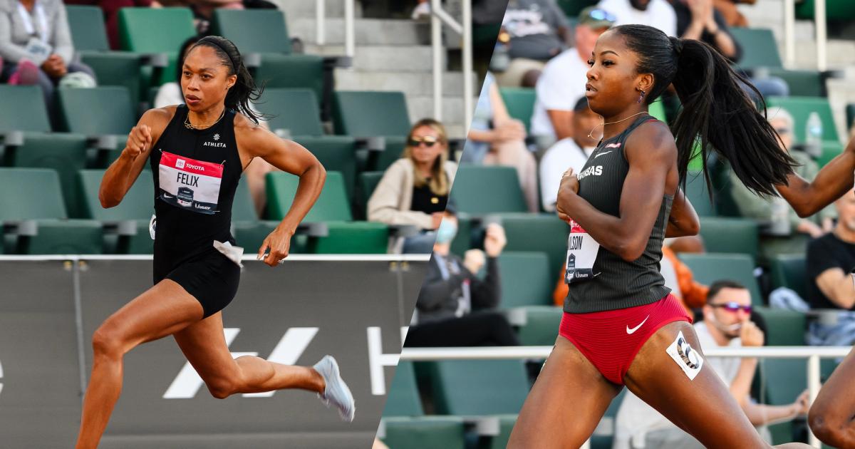 Allyson Felix and Britton Wilson competing at the 2022 U.S. Outdoor Track and Field Championships.