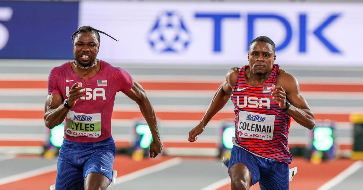Noah Lyles and Christian Coleman battle in the 60m final at the 2024 World Indoor Championships in Glasgow.