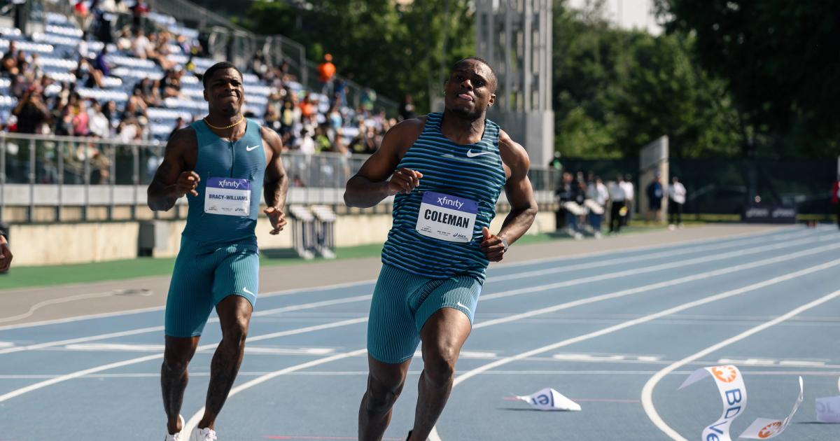 Christian Coleman wins the men's 100m at the 2022 NYC Grand Prix at Icahn Stadium.