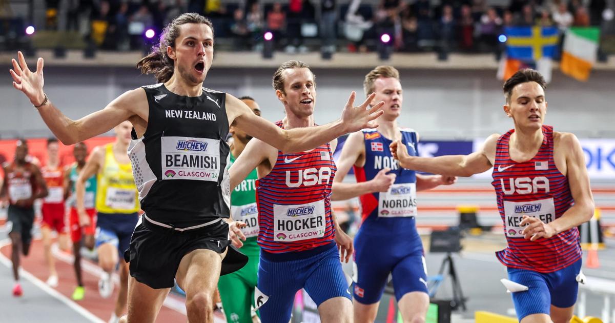 George Beamish winning the 1500m at the 2024 World Indoor Championships.