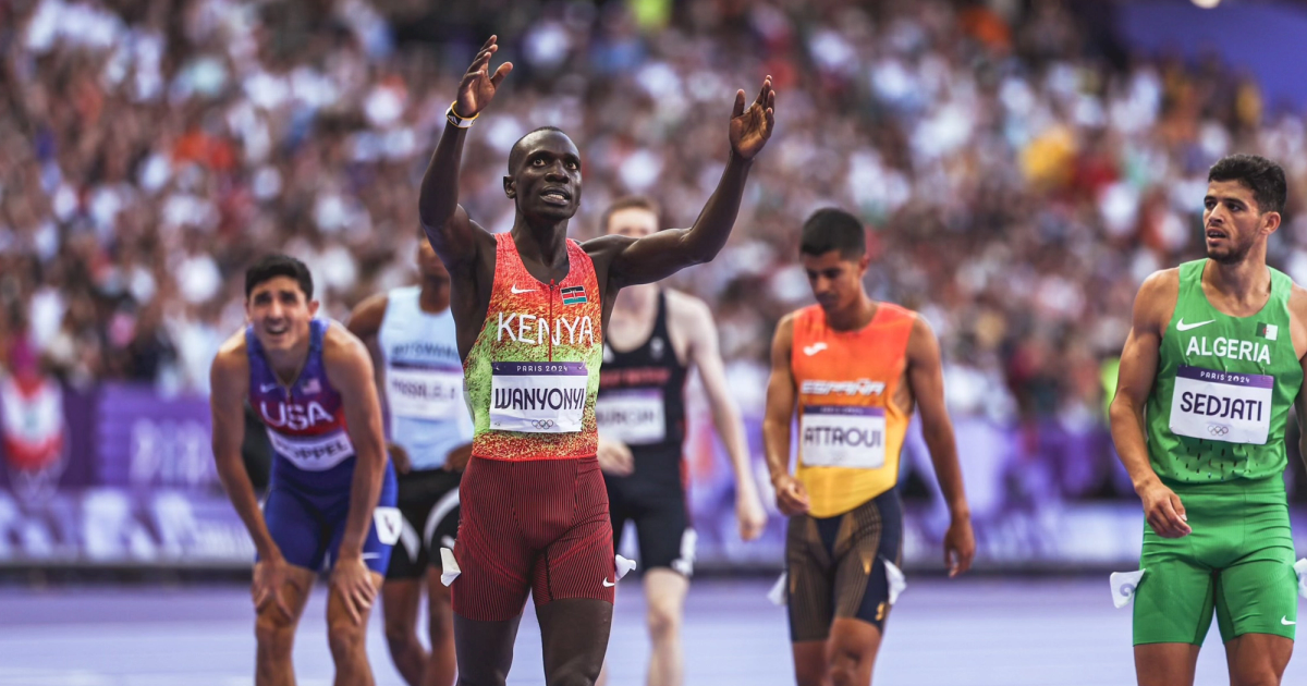 Emmanuel Wanyonyi after winning the men's 800m at the Paris Olympics.