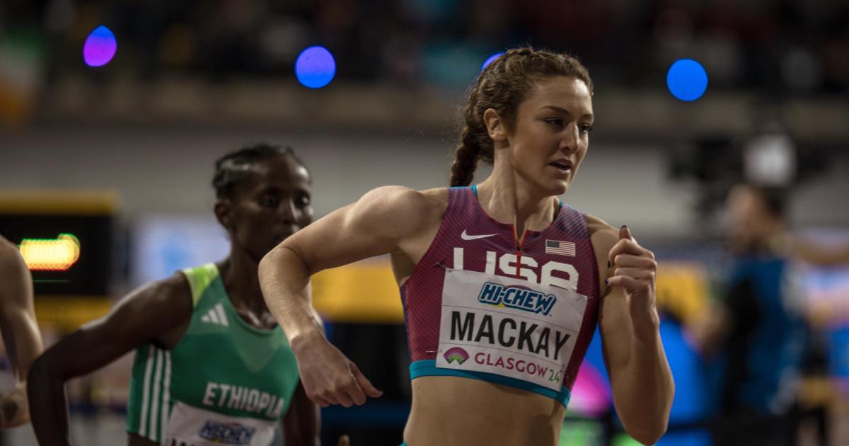 Emily Mackay racing at the 2024 World Athletics Indoor Championships in the Women's 1500m Final.