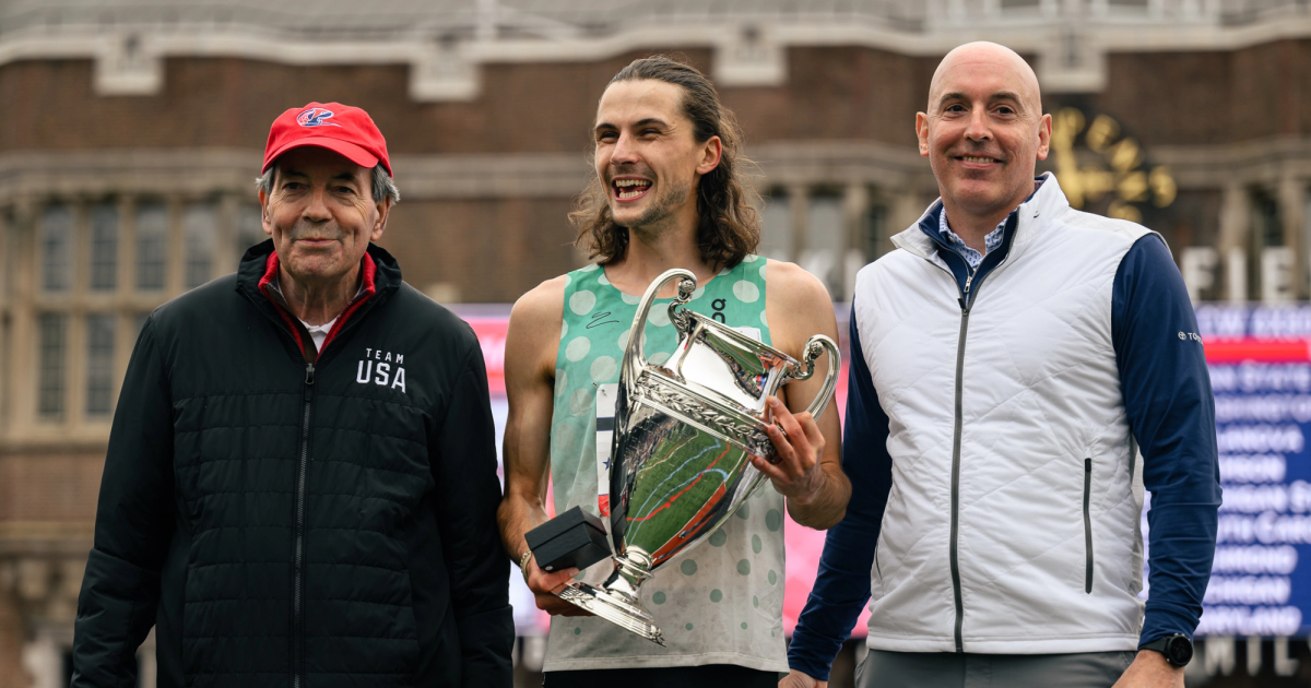 George Beamish all smiles after his kick to win the 2024 Penn Relays mile.