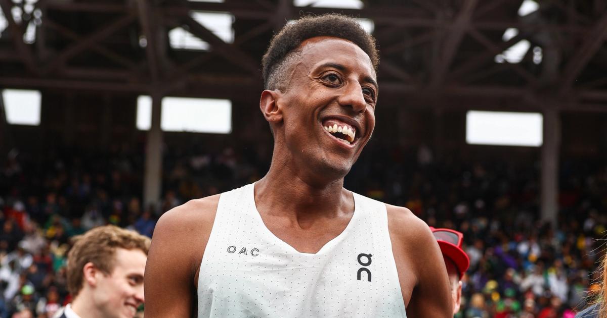 Yared Nuguse all smiles after a 3:51.06 season opener at the 2024 Penn Relays.