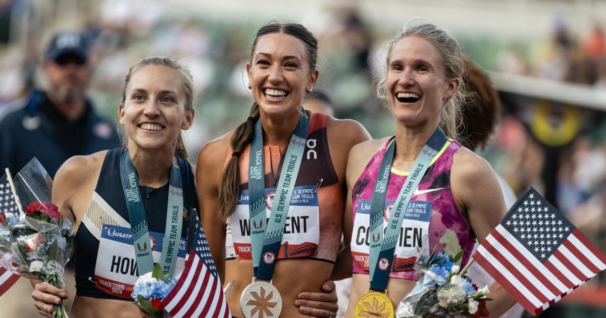 Marisa Howard, Courtney Wayment and Val Constien after the U.S. Olympic Trials steeplechase final.