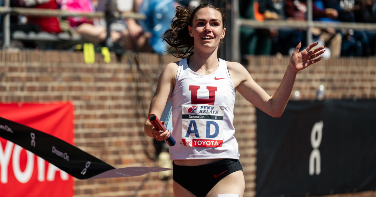 Maia Ramsden leading the Harvard Women to a NCAA record in the Distance Medley Relay.