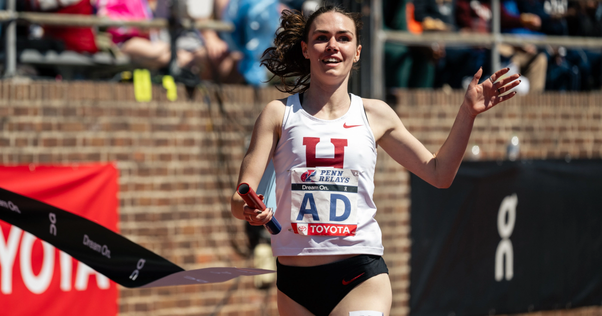 Maia Ramsden leading the Harvard Women to a NCAA record in the Distance Medley Relay. 