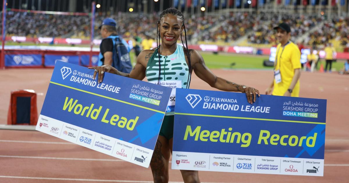 Sha'Carri Richardson after running a world-leading 10.76 at the Doha Diamond League.