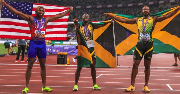 Noah Lyles, Oblique Seville, Kishane Thompson | Photo by Justin Britton / @justinbritton