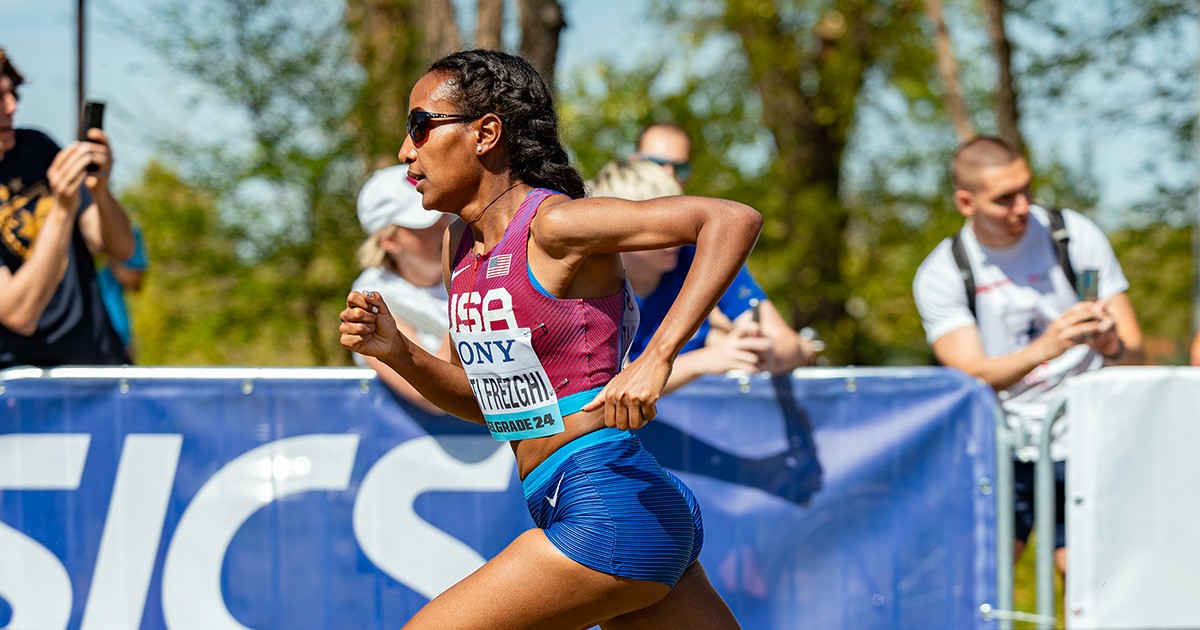 Weini Kelati-Frezgh finishing 15th at the World Cross Country Championships 2024.