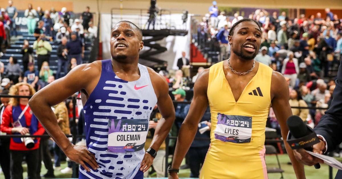 Christian Coleman and Noah Lyles after their 60m final at the 2024 USATF Indoor Track and Field Championships.