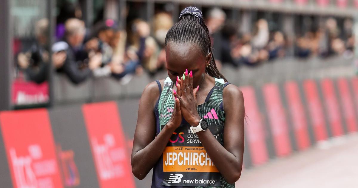 Peres Jepchirchir, the reigning Olympic Champion, celebrating a marathon victory.