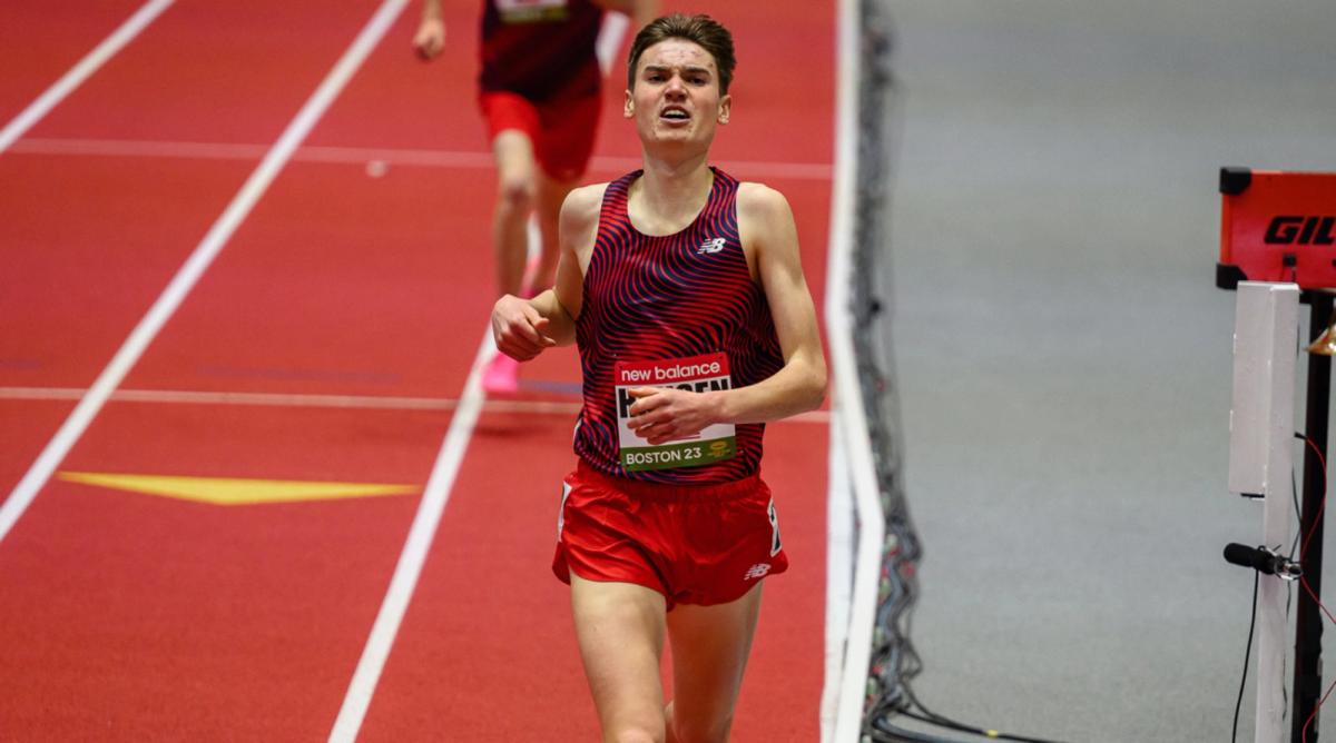 Rocky Hansen wins the high school boys mile at the New Balance Indoor Grand Prix.