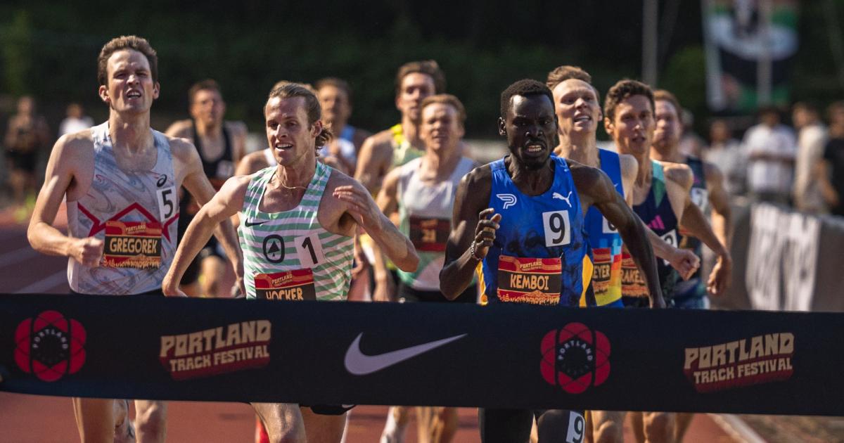 Amon Kemboi and Cole Hocker battle to the finish line of the men's 1500m at the Portland Track Festival