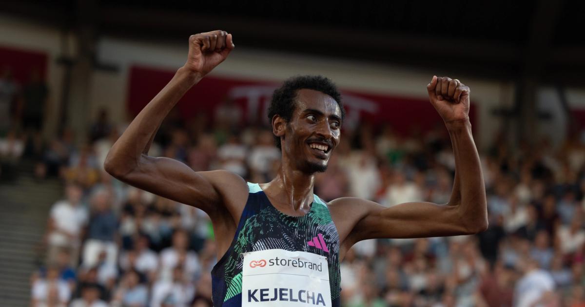 Yomif Kejelcha after winning at the 2023 Oslo Diamond League 5000m.