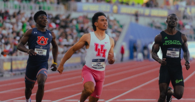 Louie Hinchliffe crossing the line in the men's 100m final at the NCAA Championships.