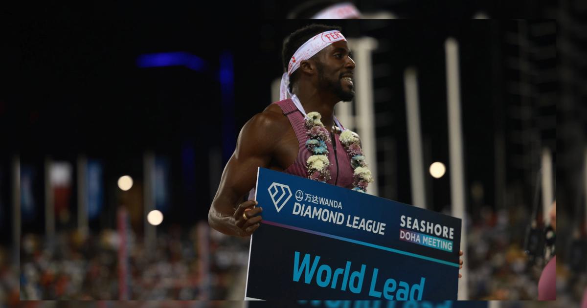 Kenny Bednarek celebrating his World Lead in the 200m at the Doha Diamond League. 