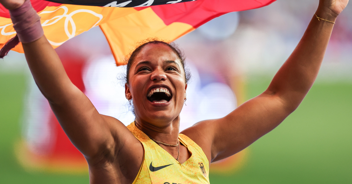 Yemisi Ogunleye celebrating her win at the Paris 2024 Olympics.