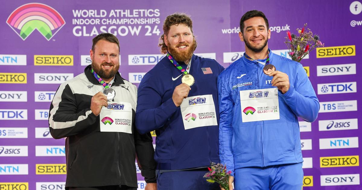 The 2024 World Athletics Indoor Championships Men's Shot Put podium. 