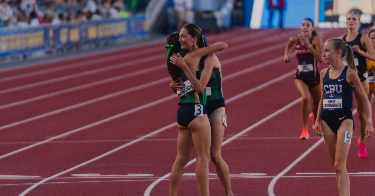 Olivia Markezich and Sophie Novak after the 3000m Steeplechase at the 2024 NCAA Championships.