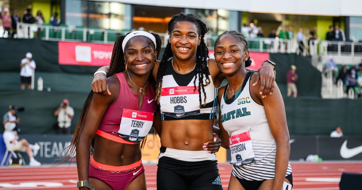Twanisha Terry, Aleia Hobbs and Melissa Jefferson celebrate their top 3 finish at the 2022 USATF Outdoor Championships.