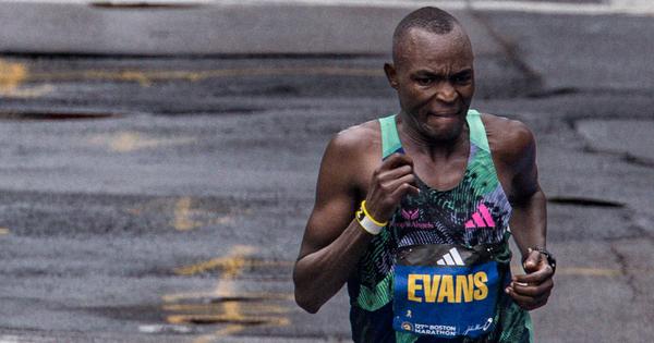 Evans Chebet finishing at the 2023 Boston Marathon. 