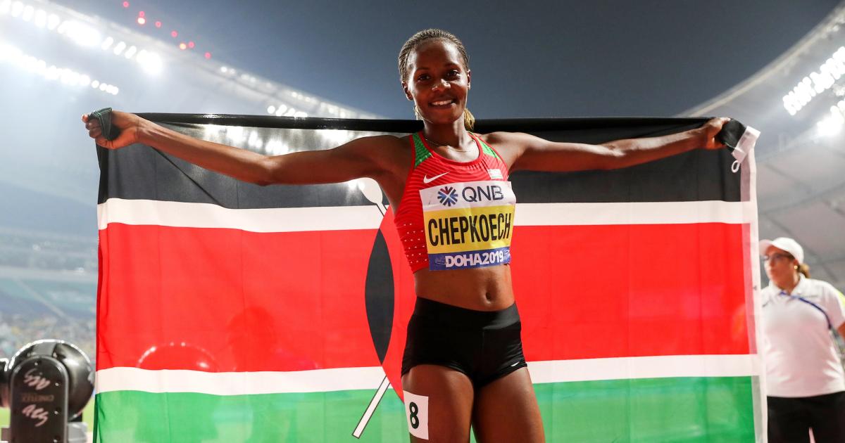 Beatrice Chepkoech after winning gold at the 2019 World Athletics Championships in Doha.