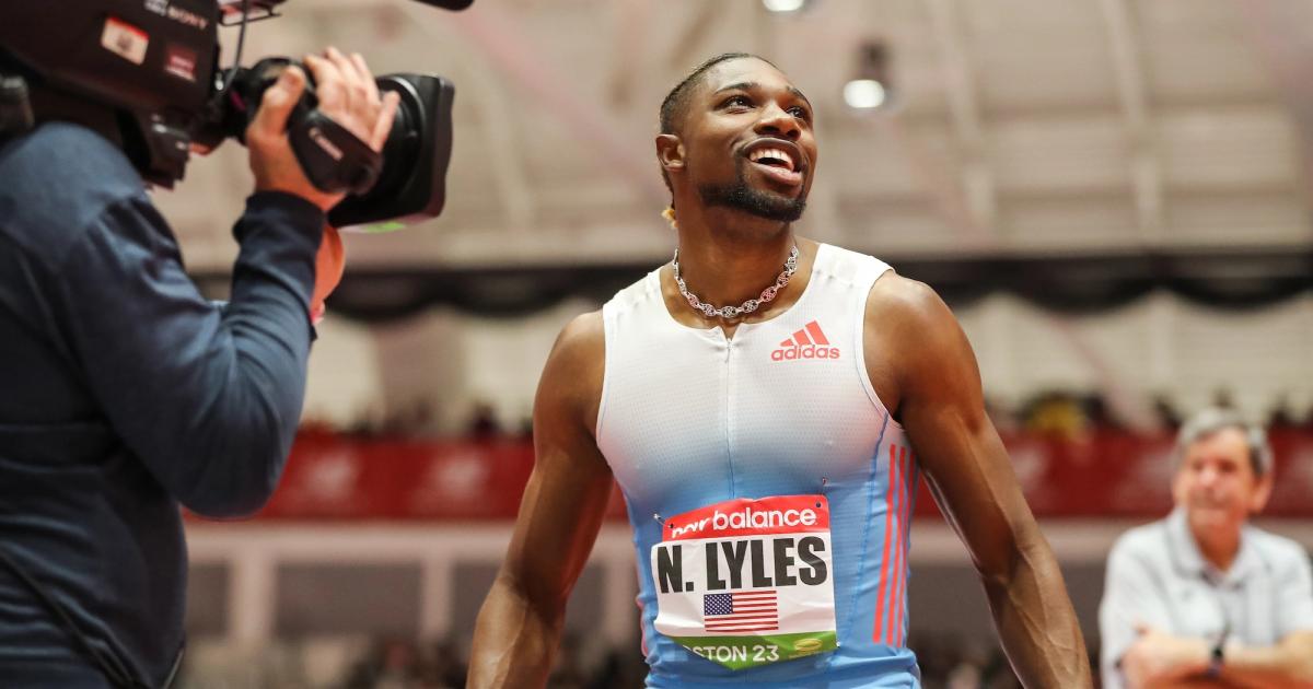 Noah Lyles celebrates his victory at the New Balance Indoor Grand Prix 60m.