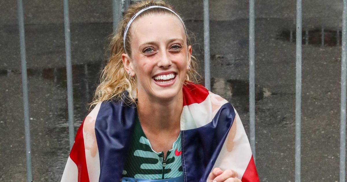 Great Britain's Jemma Reekie all smiles after winning the 2023 NYRR 5th Avenue Mile.