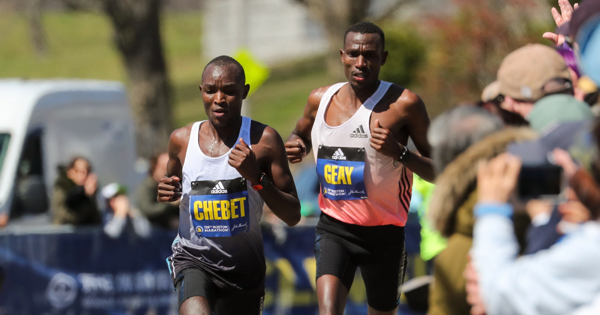 Evans Chebet and Gabriel Geay battle at the end of the 2022 Boston Marathon.