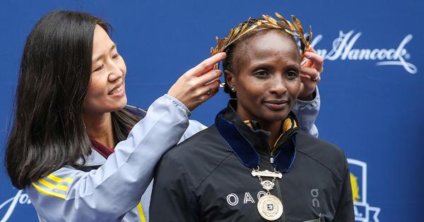 Helen Obiri, the Women's 2023 Boston Marathon Champion. 