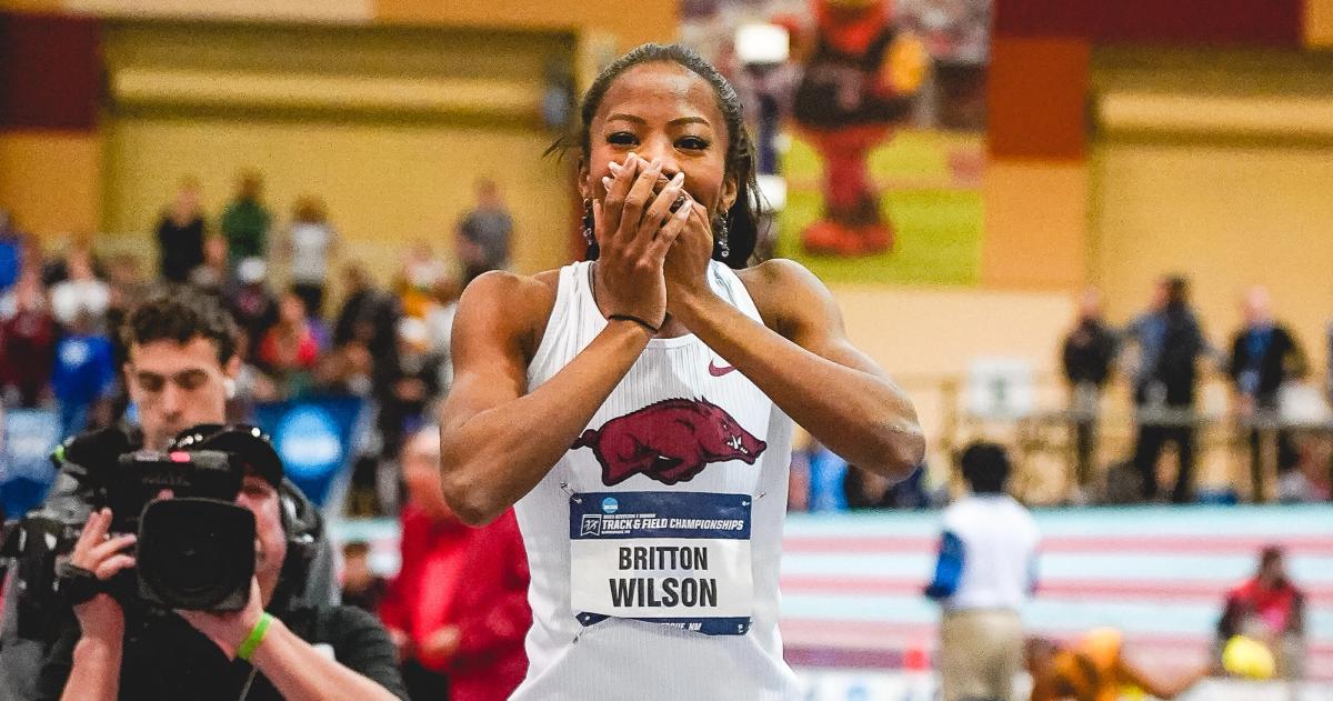 Arkansas' Britton Wilson stunned after winning the 2023 NCAA Indoor 400m title.