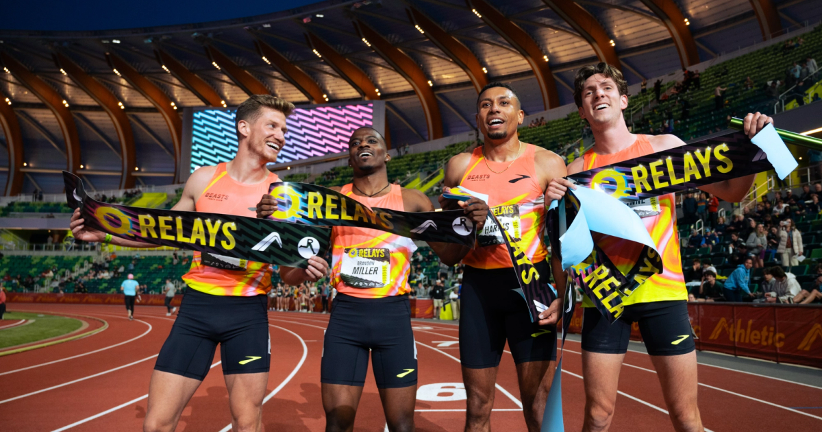 The Brooks Beasts squad comprised of Brannon Kidder, Brandon Miller, Isaiah Harris and Henry Wynne broke the distance medley relay world record in 9:14.98 at the Oregon Relays.